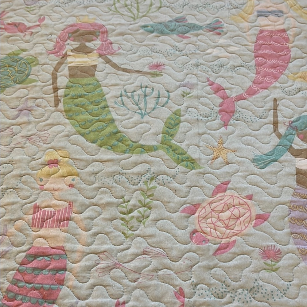 Pastel blue, reversible to pink -  mermaid quilt and shams